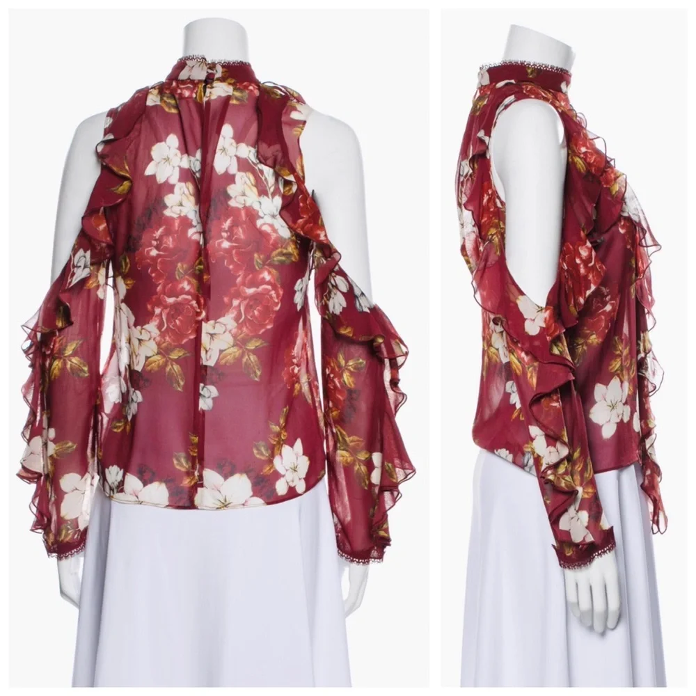 NICHOLAS Celeste Cold Shoulder Silk Blouse Top, Ruffle Floral sz. 2 - Picture 6 of 17